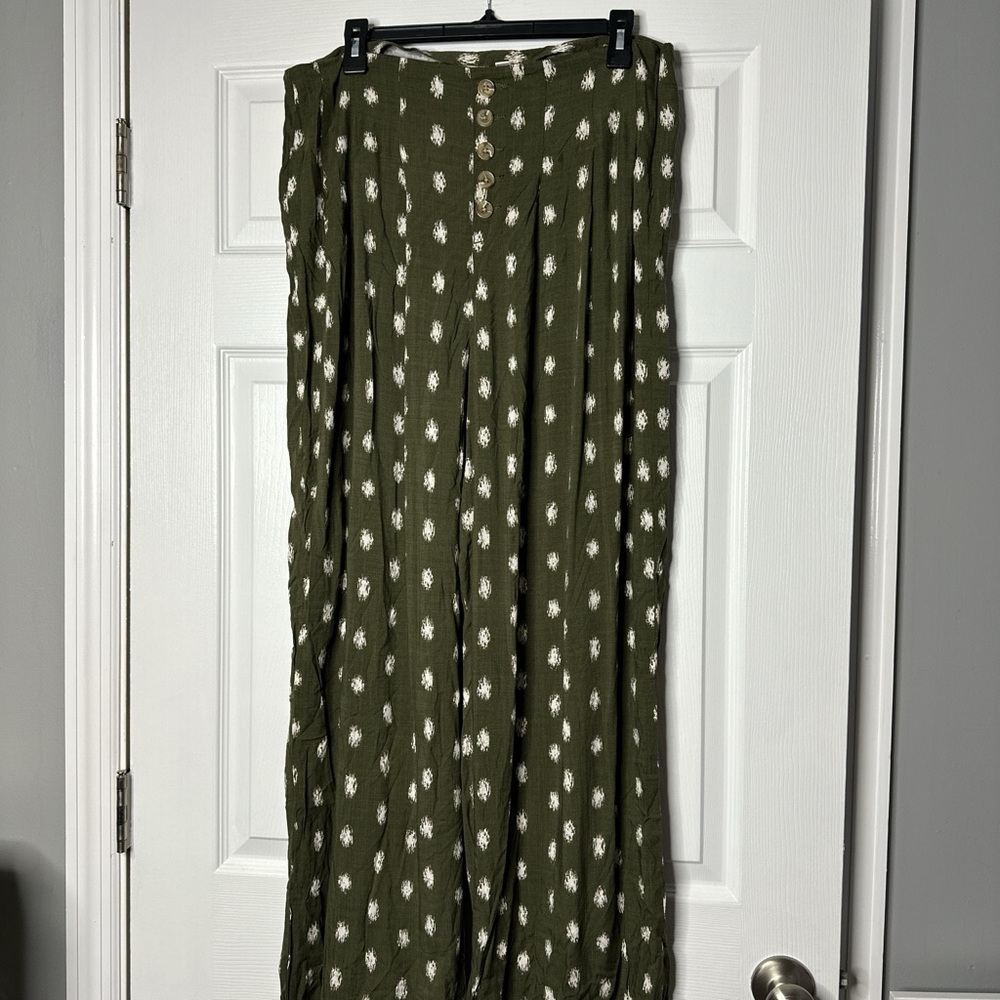 Olive Green Wide Leg Pants with White Pattern